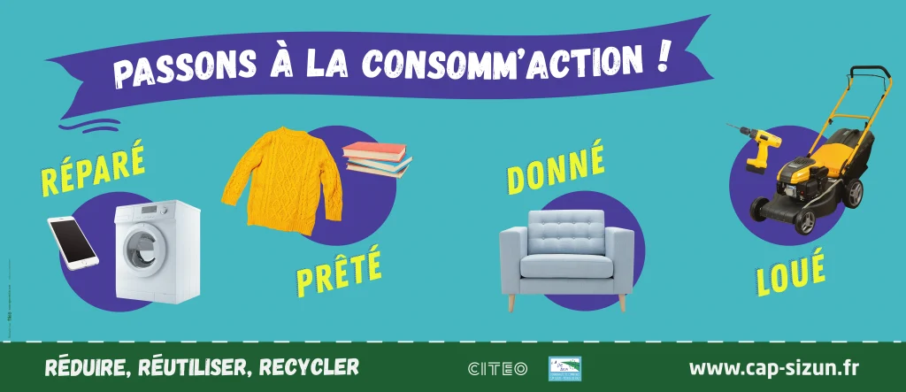 Bright banner promoting reuse: items like phone, washing machine, sweater, books, sofa, and lawn mower with French captions Réparé, Prêté, Donné, Loué.