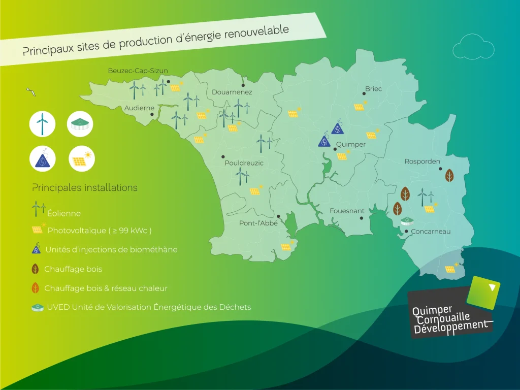 Infographic map showing principal renewable energy sites (wind, solar, biomass) across a region, with a legend of icons on the left.