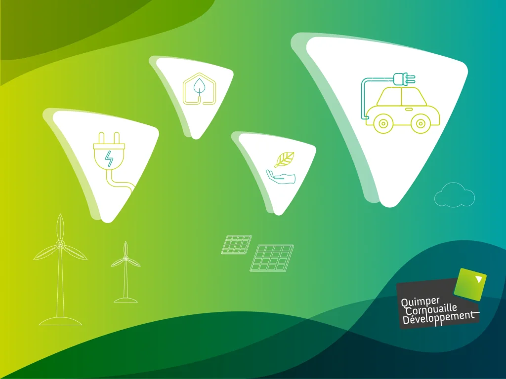 Abstract green-to-teal gradient with white curved panels displaying renewable-energy icons: plug, wind turbine, solar panel, leaf, and car charging symbol (Quimper Cornouaille Développement).