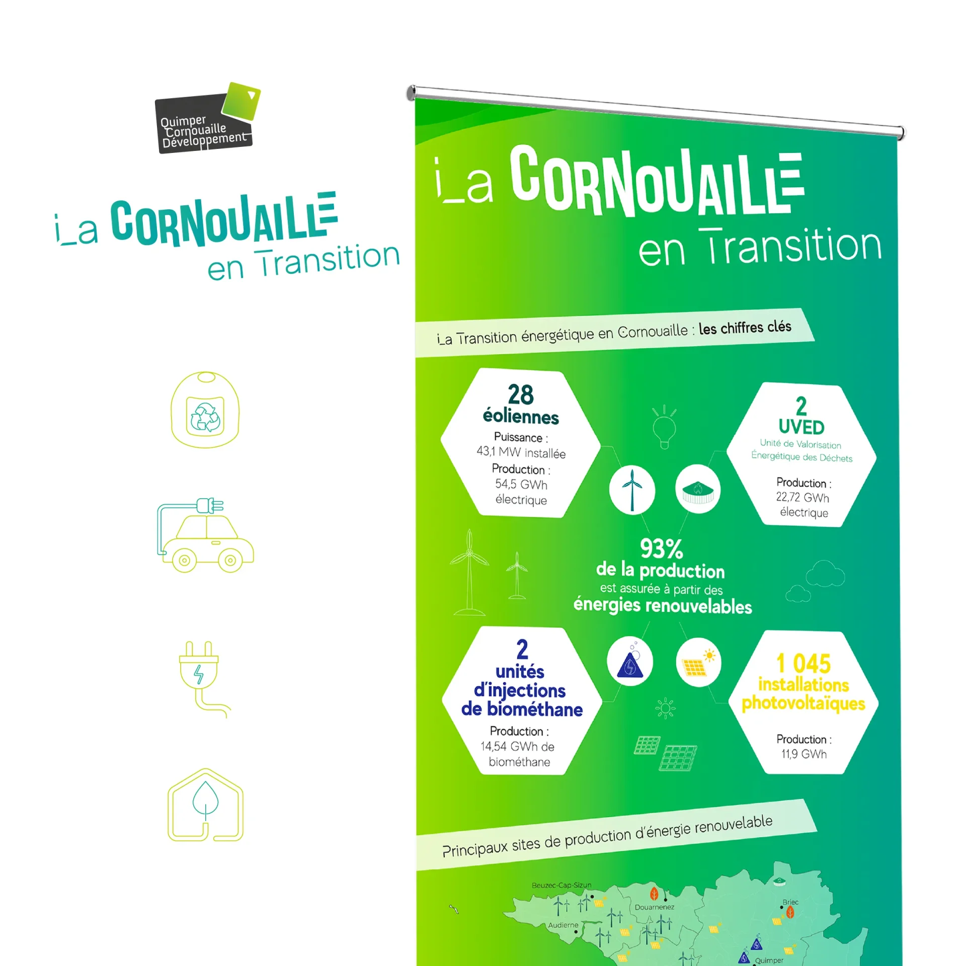 R&eacute;alisation : expo &eacute;co-con&ccedil;ue La Cornouaille en Transition pour QCD. 8 banni&egrave;res, totems bois et impression responsable, Breizh Transition. stand &eacute;co-con&ccedil;u, cr&eacute;ation banni&egrave;re exposition, signal&eacute;tique salon Bretagne, print &eacute;co-responsable Finist&egrave;re, communication collectivit&eacute; territoriale, totem bois salon, design graphique transition &eacute;nerg&eacute;tique