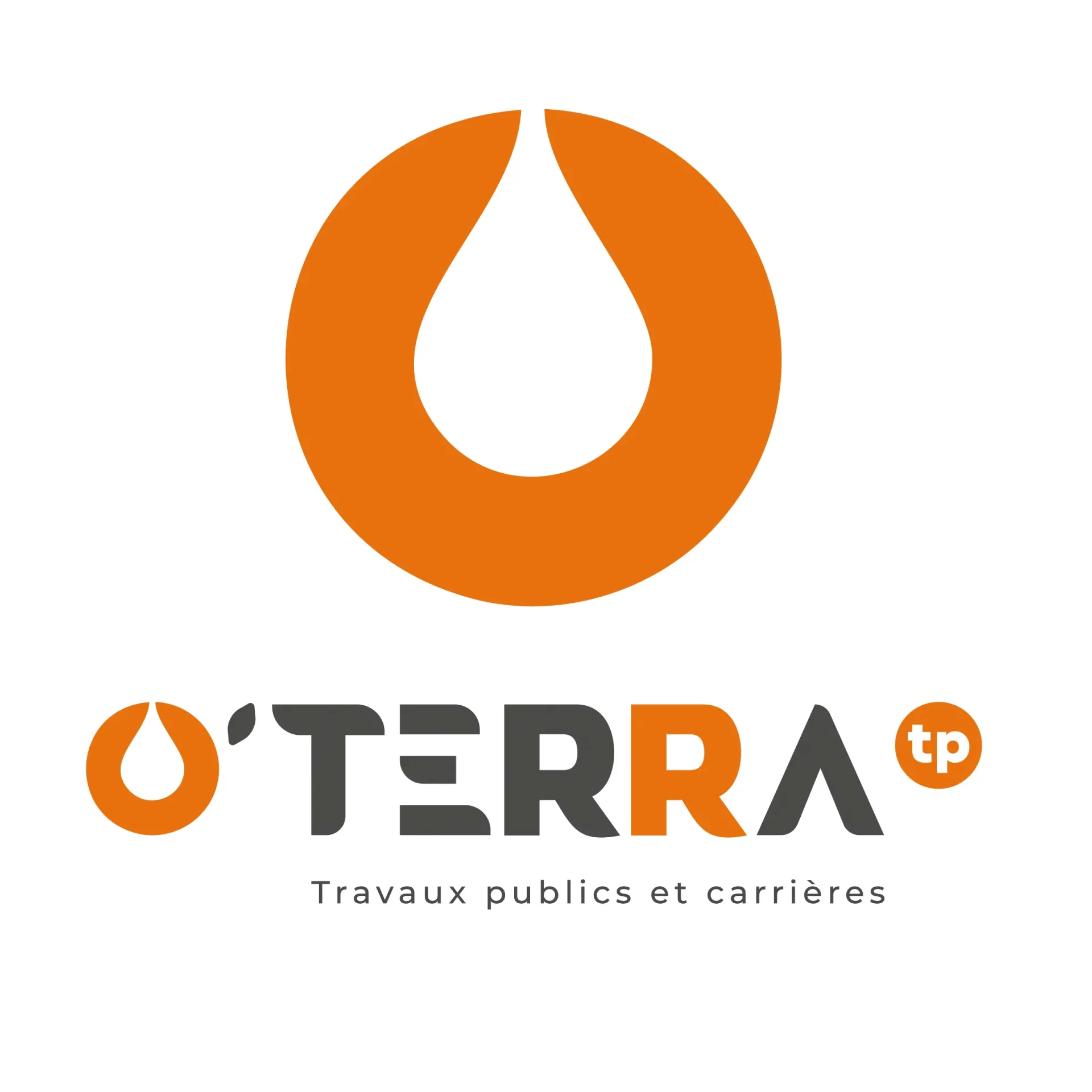 O'TERRA TP &mdash; Logo & identit&eacute; visuelle Cr&eacute;ation de l'identit&eacute; visuelle d'O'TERRA TP, entreprise de travaux publics et carri&egrave;res &agrave; Loctudy. Un logo qui associe la goutte d'eau au O de la marque, un lettrage moderne et un clin d'&oelig;il breton, d&eacute;clin&eacute; de la carte de visite au covering des engins de chantier. Logo &middot; Identit&eacute; visuelle &middot; Charte graphique &middot; Covering &middot; Print &middot; Travaux publics
