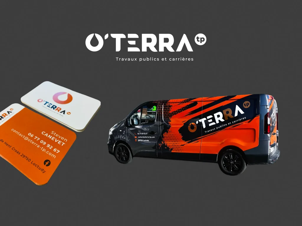 O'TERRA logo with slogan 'Travaux publics et carrières' on dark background, plus branded orange cards and a matching service van partially visible.