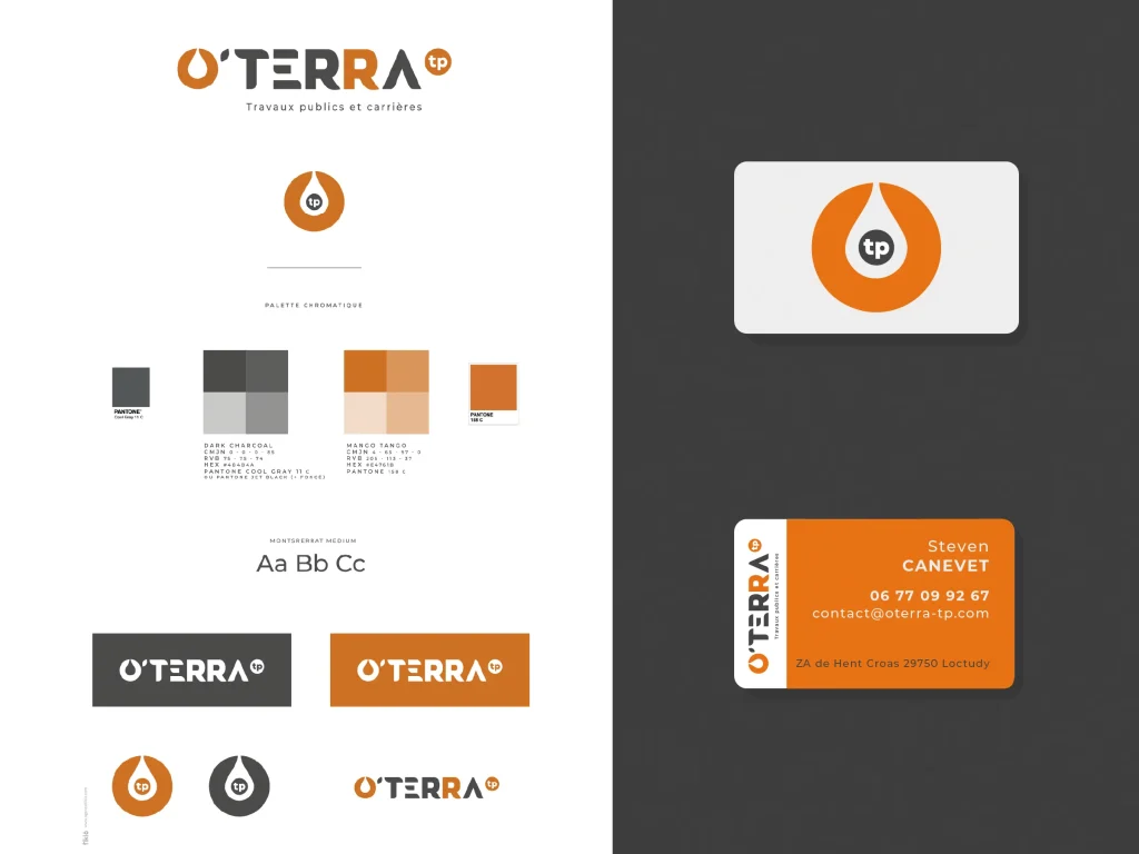 Branding board for O'TERRA with logo, color palette swatches, and typography samples.