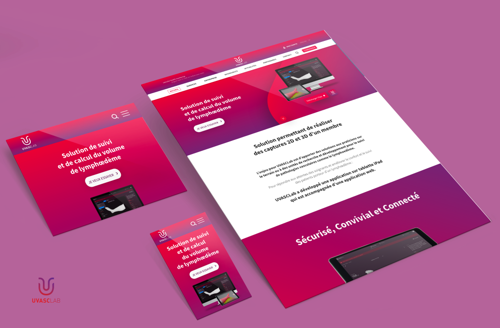 Isometric collage of UVASCLAB website designs on pink-purple gradient panels against a magenta background, showcasing a bold hero section and navigation.