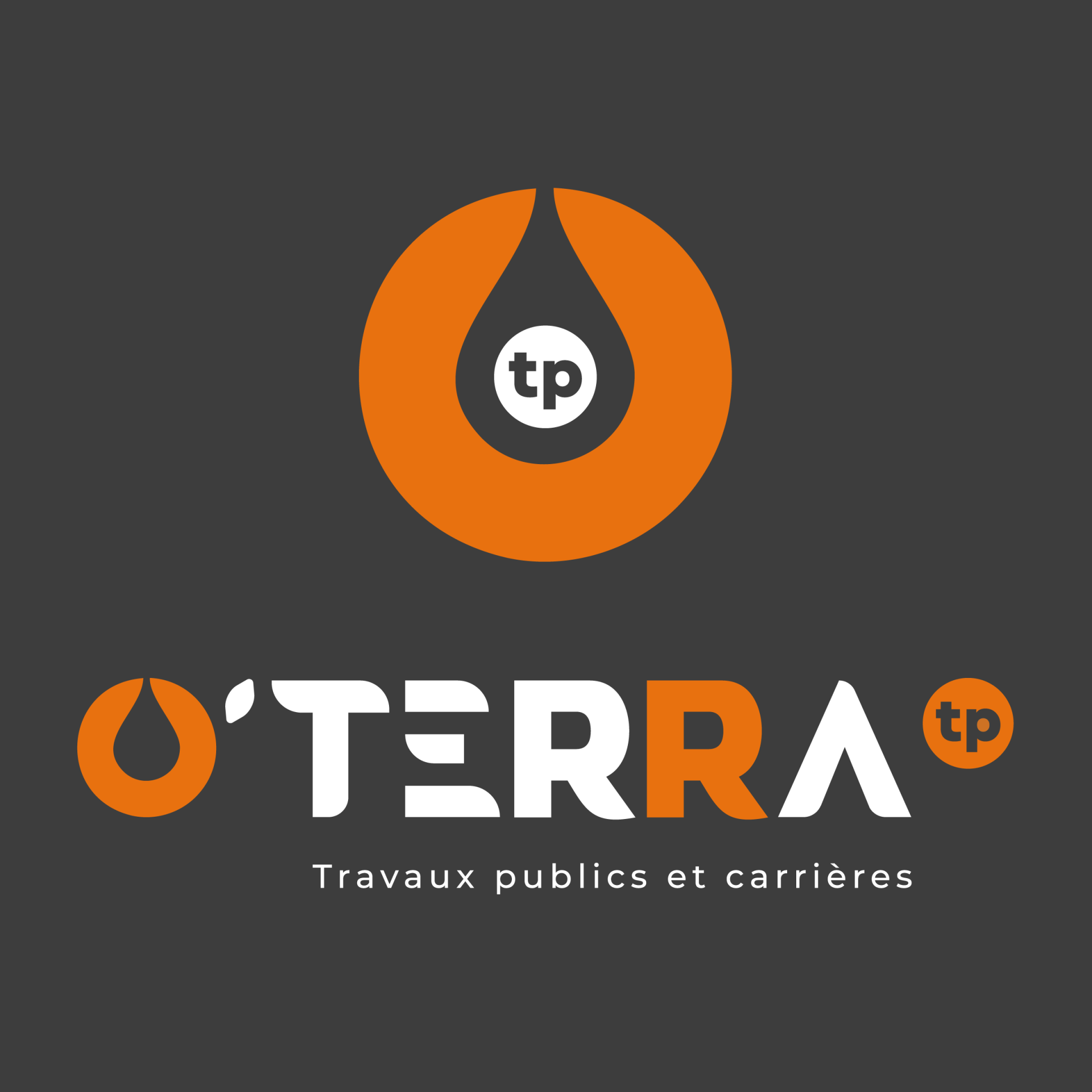 O'TERRA TP &mdash; Logo & identit&eacute; visuelle Cr&eacute;ation de l'identit&eacute; visuelle d'O'TERRA TP, entreprise de travaux publics et carri&egrave;res &agrave; Loctudy. Un logo qui associe la goutte d'eau au O de la marque, un lettrage moderne et un clin d'&oelig;il breton, d&eacute;clin&eacute; de la carte de visite au covering des engins de chantier. Logo &middot; Identit&eacute; visuelle &middot; Charte graphique &middot; Covering &middot; Print &middot; Travaux publics