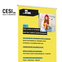 CESI École d'ingénieurs Brest — Création de 3 roll-ups RSE Conception de trois roll-ups pour valoriser la démarche développement durable du campus de Brest. Axe 4 : bien vivre et étudier sur des campus responsables. Déclinaison sur 3 supports dans le respect de la charte graphique, impression éco-conçue sans PVC. Print · Signalétique · Roll-up · Éco-conception · RSE · Enseignement supérieur